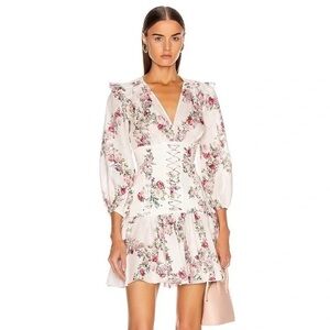 Zimmermann White Floral Mini Dress with Pink Roses